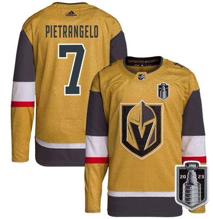 Mens Vegas Golden Knights #7 Alex Pietrangelo Gold 2023 Stanley Cup Final Stitched Jersey Dzhi->vegas golden knights->NHL Jersey